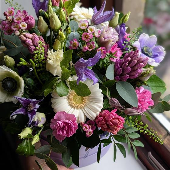 Purple Rain - Seasonal Hatbox Arrangement
